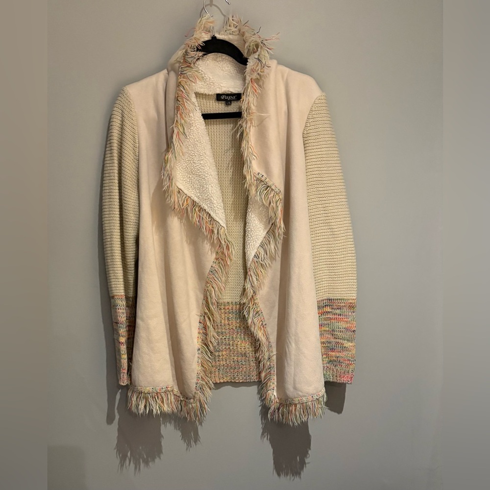 Stylish Beige & Multicolor Fringe Jacket | Soft Sherpa Knit Cardigan